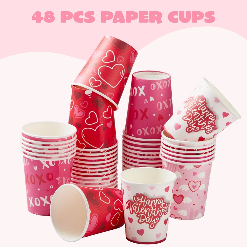 48 PCS Valentine's Day Disposable Cups Party Supplies 9 oz Paper Cocoa CupsValentine Party Drinkware Supplies for Coffee Tea Beverage with Pink Red Heart Love Design