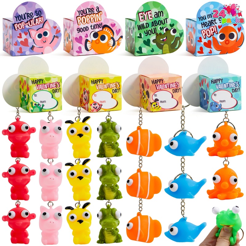 48pcs (24 Valentines Cards with 24 Pop Eye Animal Keychains) for Kids, Valentines Gifts with Heart Boxes, Fidget Valentines Toys for Kids School Class Exchange, Stress Relief Toys
