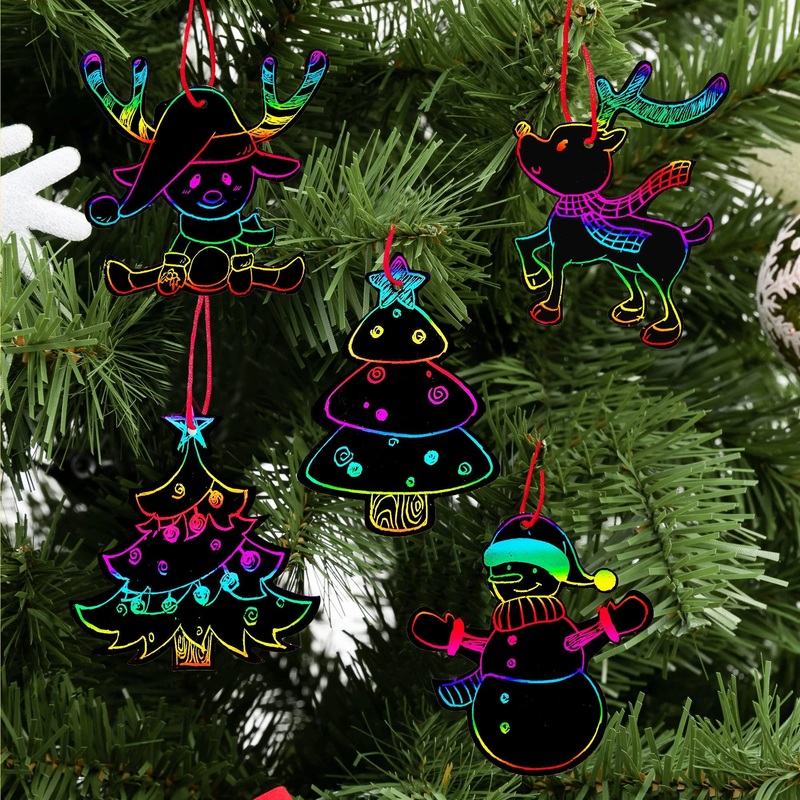 72 Pcs Christmas Scratch Art Ornaments, Craft Kit Toys Cards Hanging Ornament for Kids Christmas Party Favor
