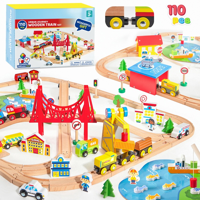 Joyfy 110 Pcs Wooden Train Set with Tracks City Scene Railway Set with Magnetic Trains Toy Accessories, Toys for Toddlers & Kids Ages 3-8, Gifts for Birthday Christmas