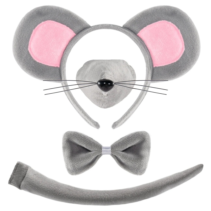 Joyfy 4 Pcs Grey Mouse Costume Accessory Set for Adults and Kids, Rat Mouse Ears Headband, Halloween Animal Costume Accessories Set, Kids Dress Up Costume