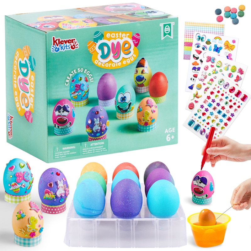 JOYFY 41Pcs Easter Egg Dye Kit,DIY Easter Egg Decorating Craft Kit with Egg Tray,Egg Stands,Easter Stickers for Kids,Easter Egg Coloring, Home School Class Egg Crafts
