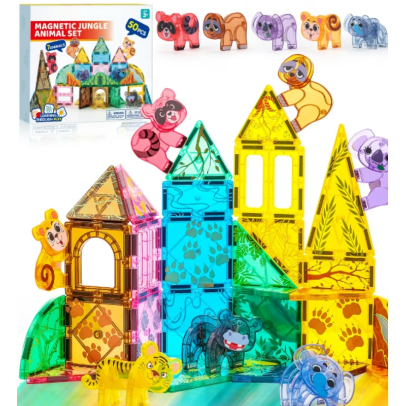 JOYFY 50PCS Jungle Animal Magnetic Building Tiles Set for Kids, Jungle Animal Set with 7 Cute Animals, 3D Educational STEM Toy for Boys Girls 3-8, Preschool Kidergarten Learning Toys