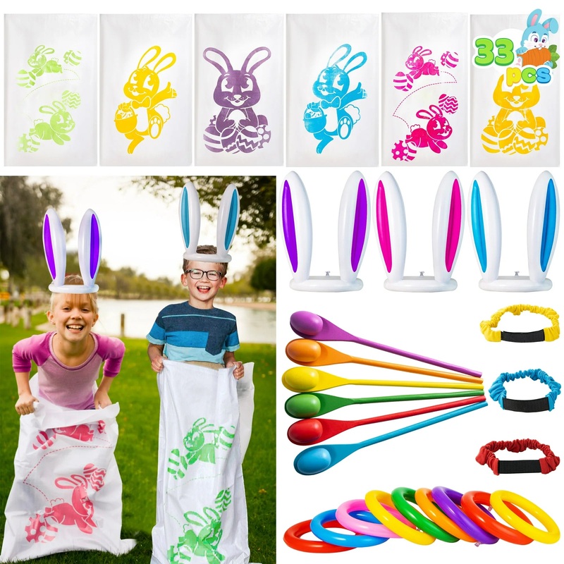 JOYFY 6 Easter Player Sack Race for Kids Outdoor,Jumping Bags,Spoon and Egg Race,Legged Relay Race Bands Elastic Tie Rope for Easter Theme Party Favor,Easter Game Activities