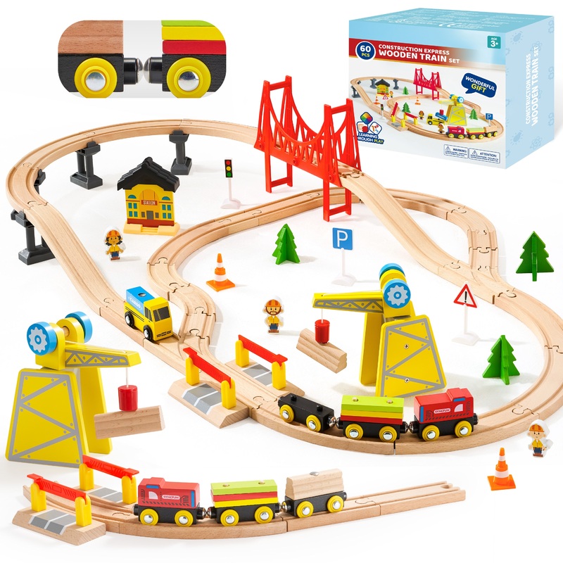 Joyfy 60 Pcs Kids Train Toys with Wooden Tracks & 6 Magnetic Trains, Expandable & Changeable Train Set for Toddlers & 3 to 8 Years Old Boys Girls, Gifts for Birthday Christmas