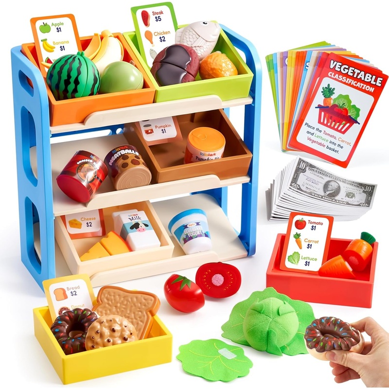 JOYFY 63 PCS Play Food for Kids, Montessori Color Sorting Food Toy with Display Rack Grocery Store Pretend Play Kitchen Playset for Toddlers 3+ Year Old, Christmas Birthday Gifts for Boys Girls