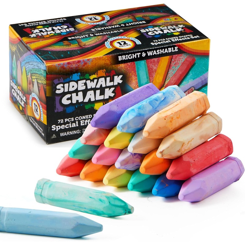 Joyfy 72 Pcs Sidewalk Chalk for Kids, 18 Colors, Including 12 Tie Dye, 12 Glitter & 12 Neon Colors Chalks, Street Drawing Chalk Set