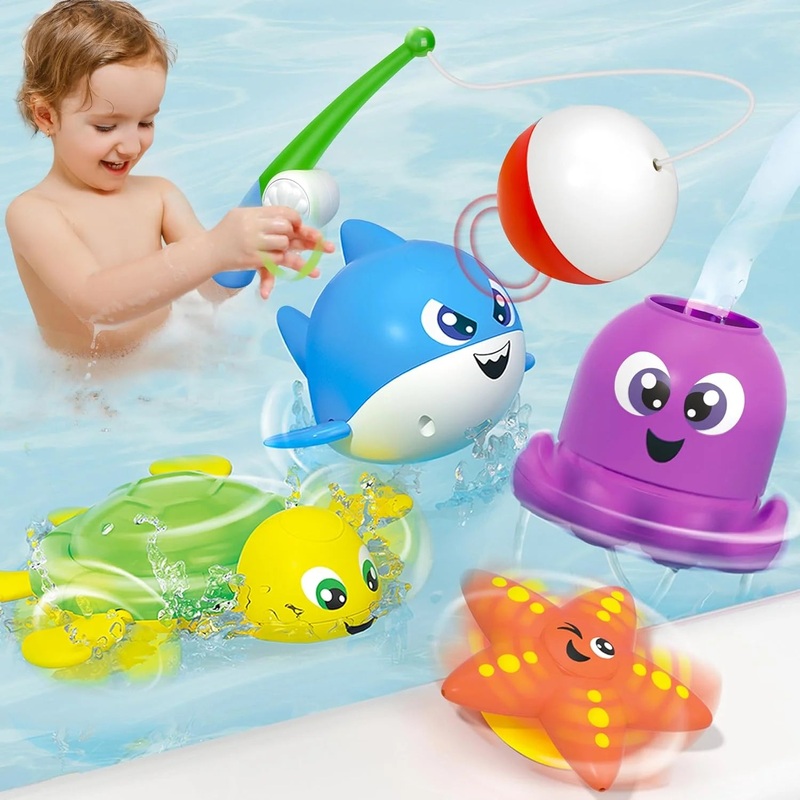 JOYFY Bath Fishing Toy Set for Toddlers - Magnetic Toy with Fishing Rod, Spinning Octopus and Starfish, Wind-up Shark and Turtle - Sensory Development for Infants