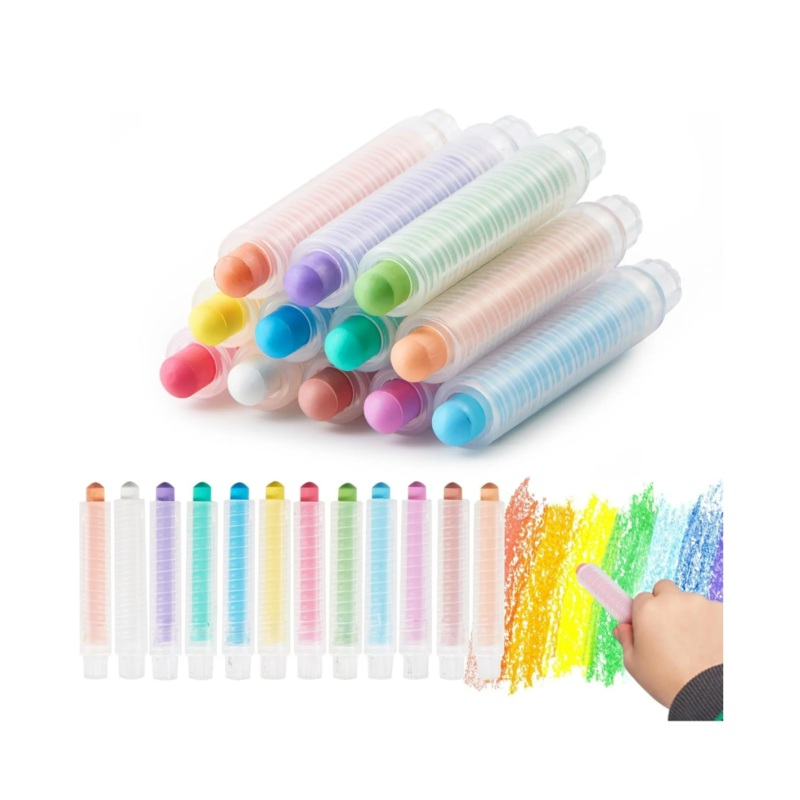Joyfy Dustless Chalk for Kids, 12 PCS Colored Chalk with Holder, Art Tool for Sidewalk Blackboard Drawing Writing