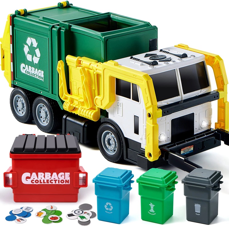 JOYIN 16" Large Garbage Truck Toys for Boys, Realistic Trash Truck Toy with Trash Can Lifter and Dumping Function, Toy Truck Gift for Boy Age 2 3 4 5 Years Old