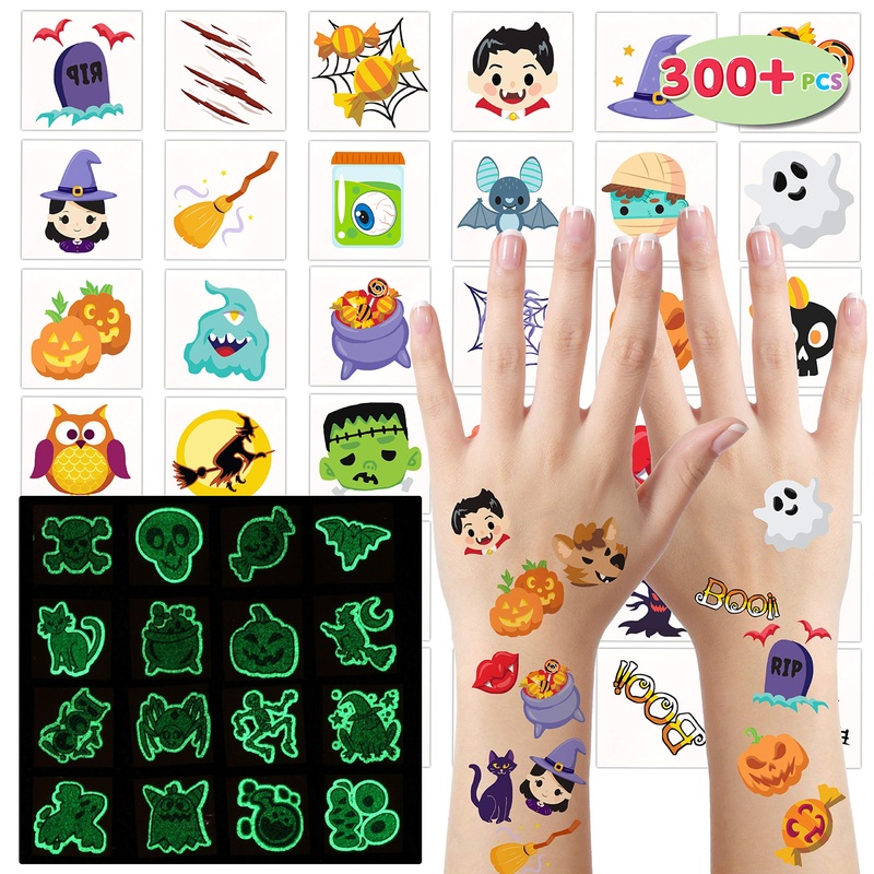 JOYIN 300+ Assorted Halloween Temporary Tattoos including Glow in the Dark Tattoos for Kids Halloween Trick or Treat Party Supplies, Class Hang out Give away Treat
