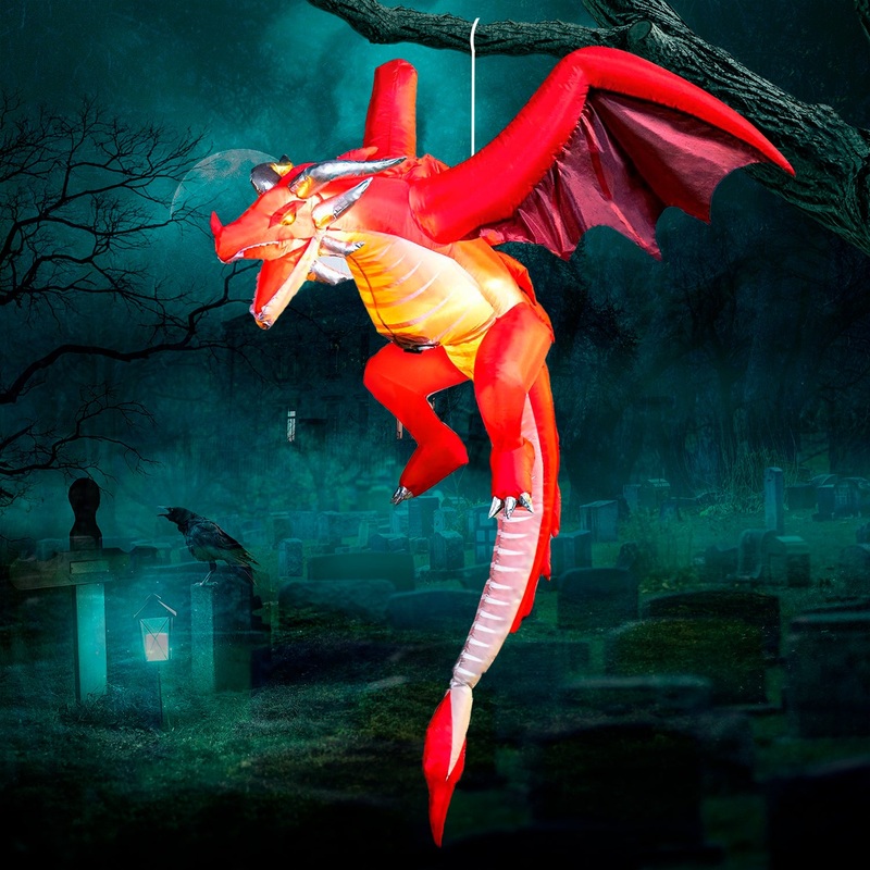 JOYIN 5 FT Halloween Inflatable Flying Dragon,Red Hanging Flying Dragon Inflatable Halloween Blow Up Yard Decorations Outside Decorations
