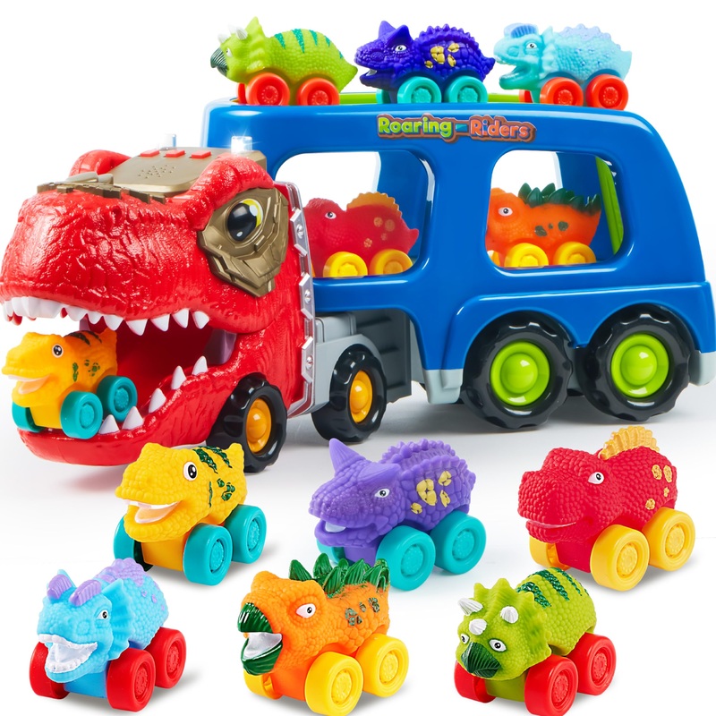 JOYIN Dinosaur Truck Toys for Kids, Kids Toys Boys Age 3 4 5, Dinosaur Car Carrier Truck Toy with 6 Dinosaur Figures Rubber Car Vehicles, Toddler Birthday Gifts with Music & Lights