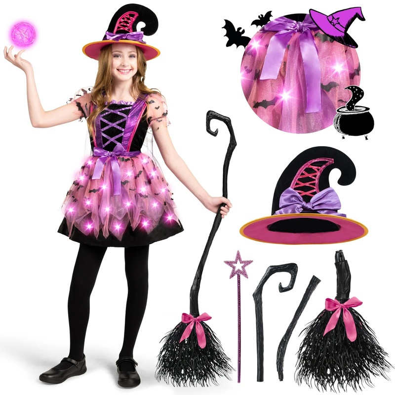 Spooktacular Creations Child Girl Light Up Witch Costume, Halloween Cosplay Dress Up (Small (5-7 yr))