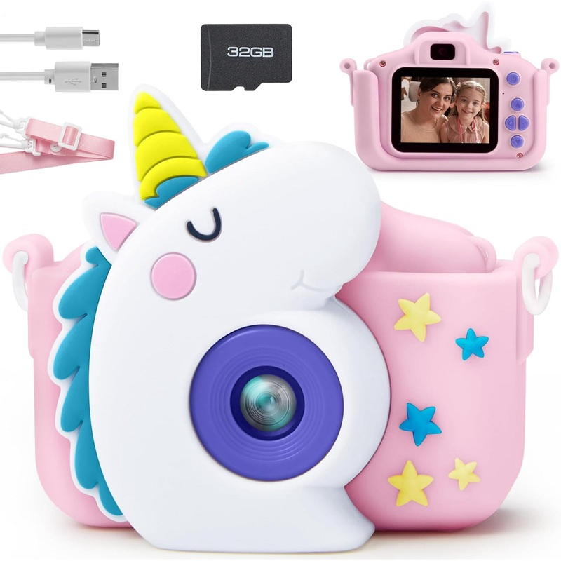SYNCFUN 1080P HD Kids Digital Camera with Cute Silicone Case, Christmas Birthday Gifts for Girls 3-10 Year Old, Selfie Digital Video Camera with 32GB SD Card (Unicorn)