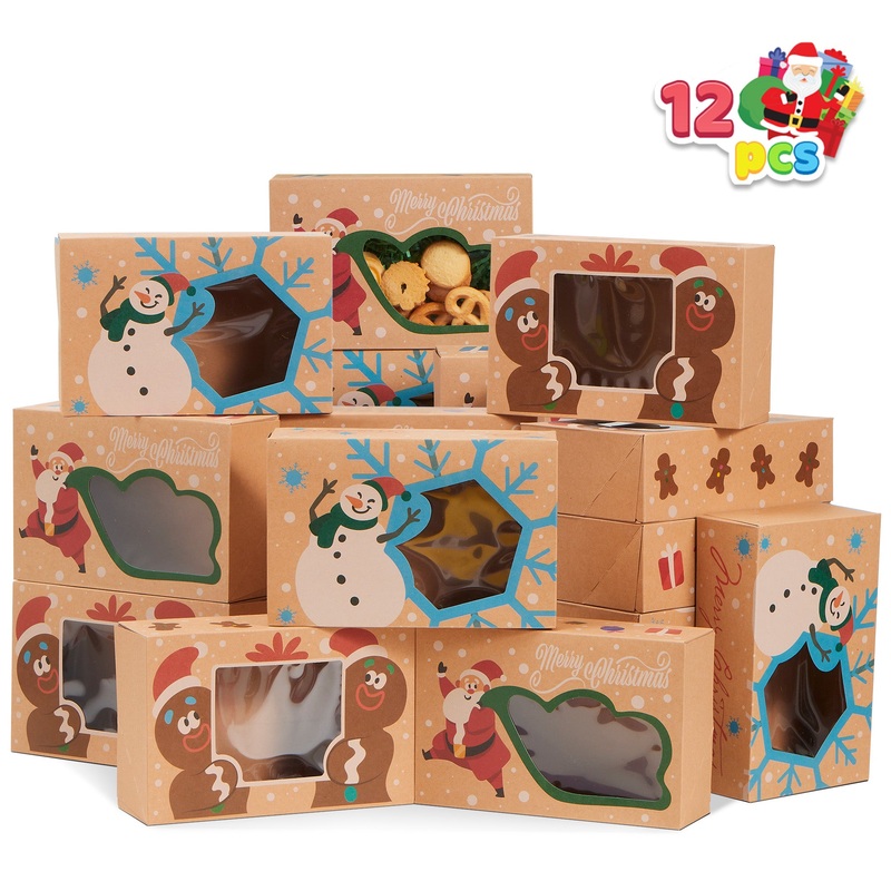SYNCFUN 12 Pcs Christmas Cookie Boxes Bakery Treat Gift Box with Window 8.75" x 5.75" x 2.75" for Pastries, Cupcakes, Cookies, Brownies, Donuts Gift Giving