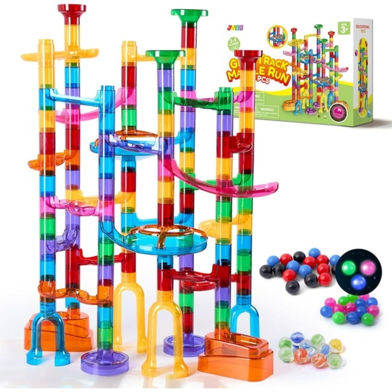 SYNCFUN 137Pcs Glowing Marble Run - STEM Toy Construction Building Blocks with 15 Glow in The Dark Plastic Marbles, Perfect Gift for Boys and Girls
