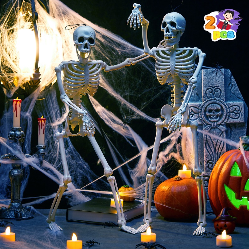 Syncfun 2 Pcs 24 Inch Halloween Skeleton Decor,Posable Skeleton Halloween Prop for Haunted House Indoor Outdoor Decoration Spooky Decor,Full Body with Movable Joints for Halloween Decoration