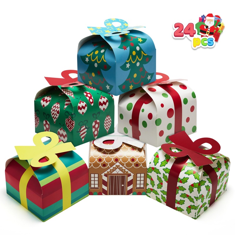 SYNCFUN 24 Pcs 3D Christmas Goody Gift Boxes with Bow for Holiday Xmas Goodie Paper Boxes, School Classroom Party Favor Supplies, Candy Treat Cardboard Cookie Boxes