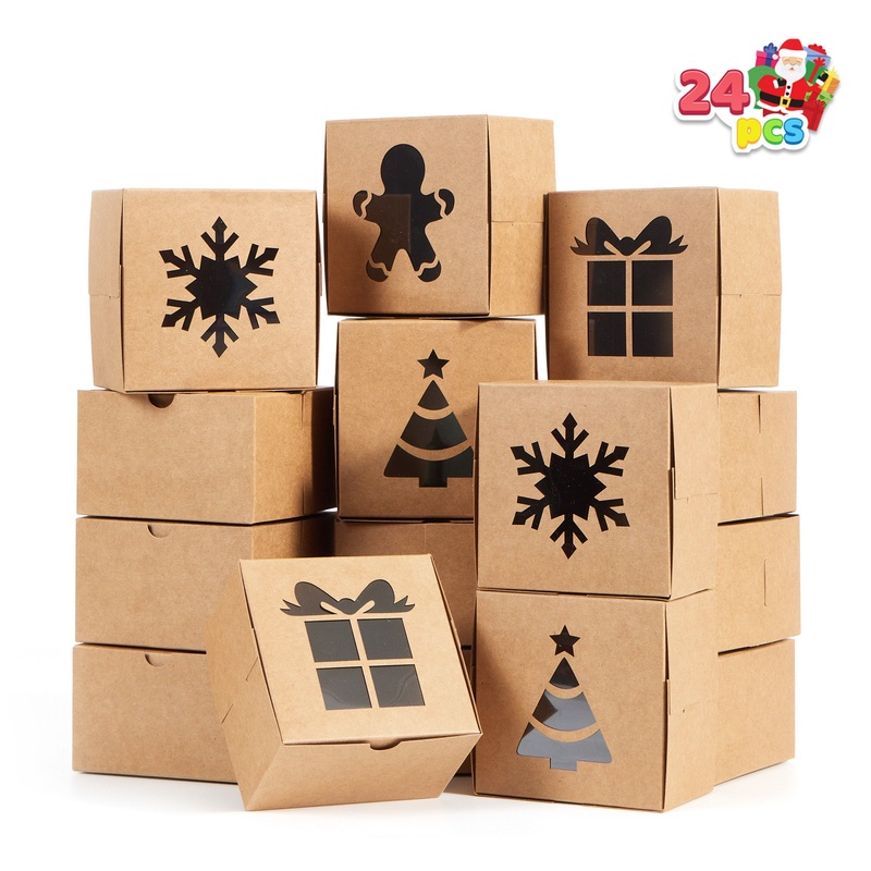 SYNCFUN 24 Pcs Brown Bakery Boxes with Window, 4"x 4"x 2.5" Small Kraft Cookie Boxes for Christmas Cupcakes, Cookies, Brownies, Donuts, Truffles Gift-Giving
