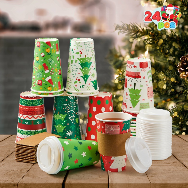 SYNCFUN 24 Pcs Christmas Disposable Paper Cups, 16 oz Xmas Dinnerware Cups With Cup Sleeves and Lids, 8 Designs Hot/Cold Beverages Tableware for Holiday Party Supplies