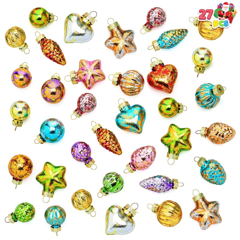 SYNCFUN 27 Pcs Christmas Vintage Glass Ornaments, Glitter Colorful Glass Mini Ornament for Christmas Tree Decoration, Hanging Christmas Ornament for Holiday Gift Party Favor Indoor Decoration