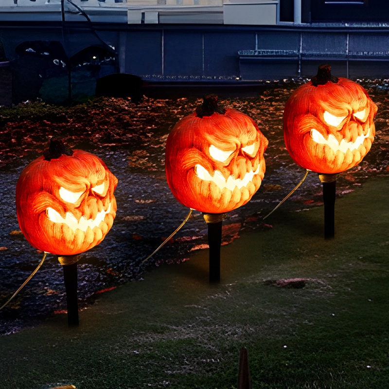 Syncfun 3 Pack Halloween Decorations Lighted Pumpkin Pathway Lights Stakes,Outdoor Jack-O-Lantern Waterproof Decorations,Scary Halloween Party Props Outdoor Yard Decor