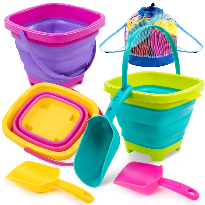 Syncfun 3 Packs Foldable Bucket - Collapsible Bucket with Sand Shovels and Mesh Backpack for Kids Toddlers Beach Toys, Easter Egg Hunt