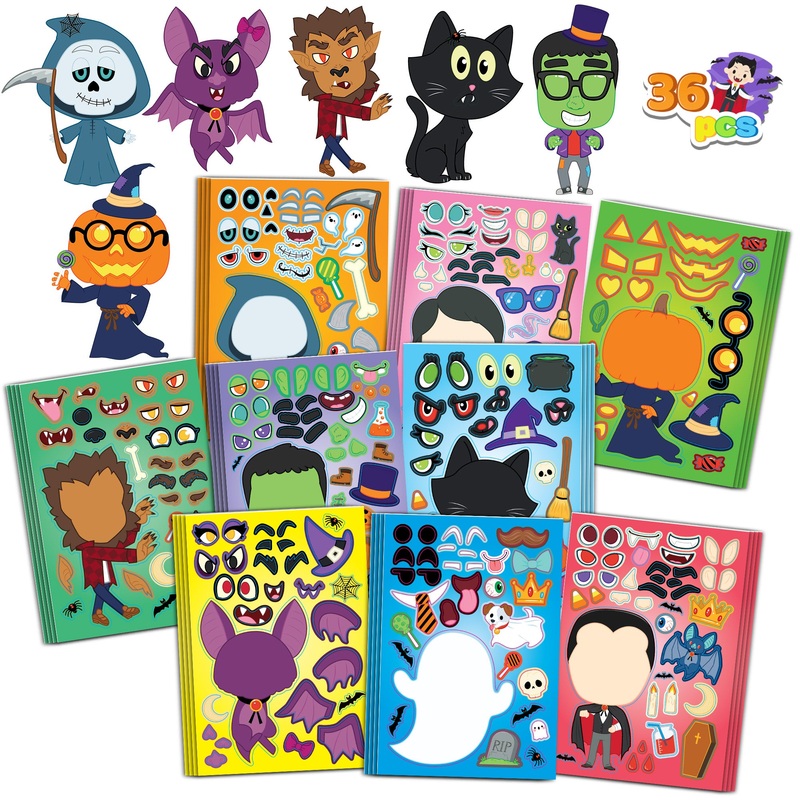 SYNCFUN 36 Pcs Halloween Stickers Make a Face Halloween Characters Stickers for Kids,Witch Vampire Self Adhesive DIY Decorations Stickers Fall Stickers Party Favors for Kids,Halloween Craft