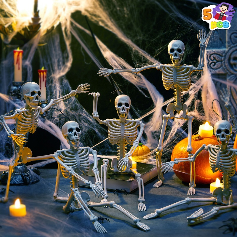 SYNCFUN 5 Pcs Halloween Skeleton Decorations,16 inch Full Body Poseable Skeleton with Movable Joints for Halloween Indoor Outdoor Party,Graveyard,Haunted House Accessories,White