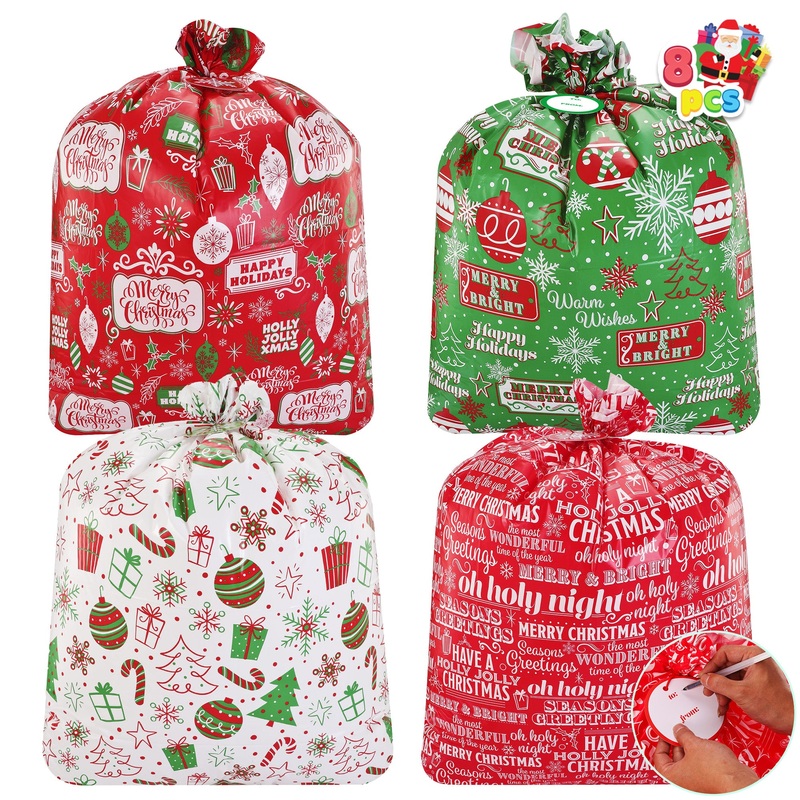 SYNCFUN 8 Pcs Jumbo Christmas Gift Bags 44x 36 Heavy Duty Santa Bags Large Size Gift Bags with Tag Christmas Wrapping for Xmas Present