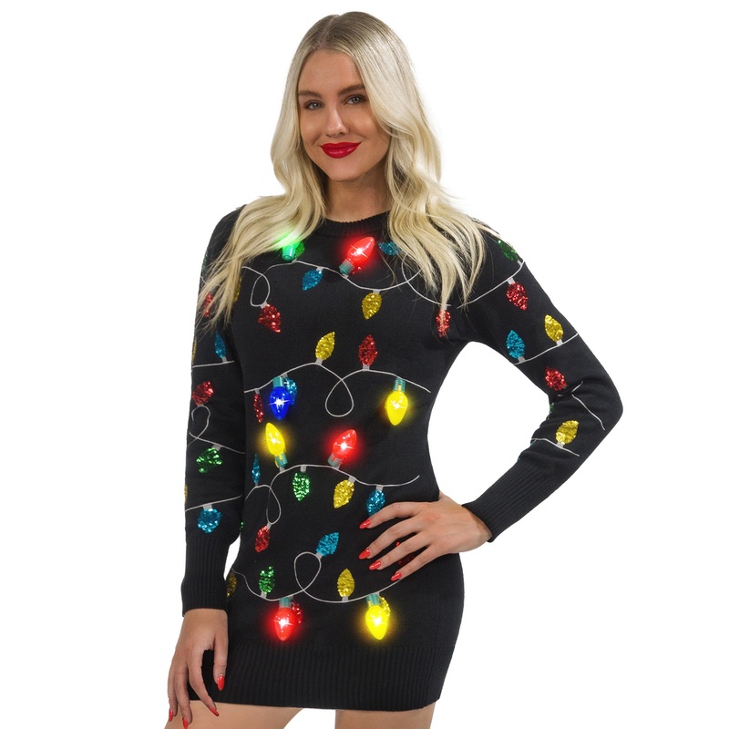 SYNCFUN Light Up Christmas Sweater Dress,Ugly Christmas Sweaters for Women,Funny Black Long Christmas Dress for Women 2024