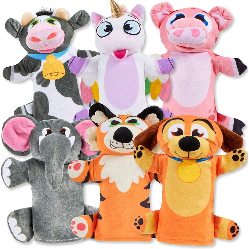 Toy Animal Friends Deluxe Hand Puppets 6 Pack for Imaginative Play, Stocking, Birthday Party Favor Supplies, Girls, Boys, Kids and Toddler