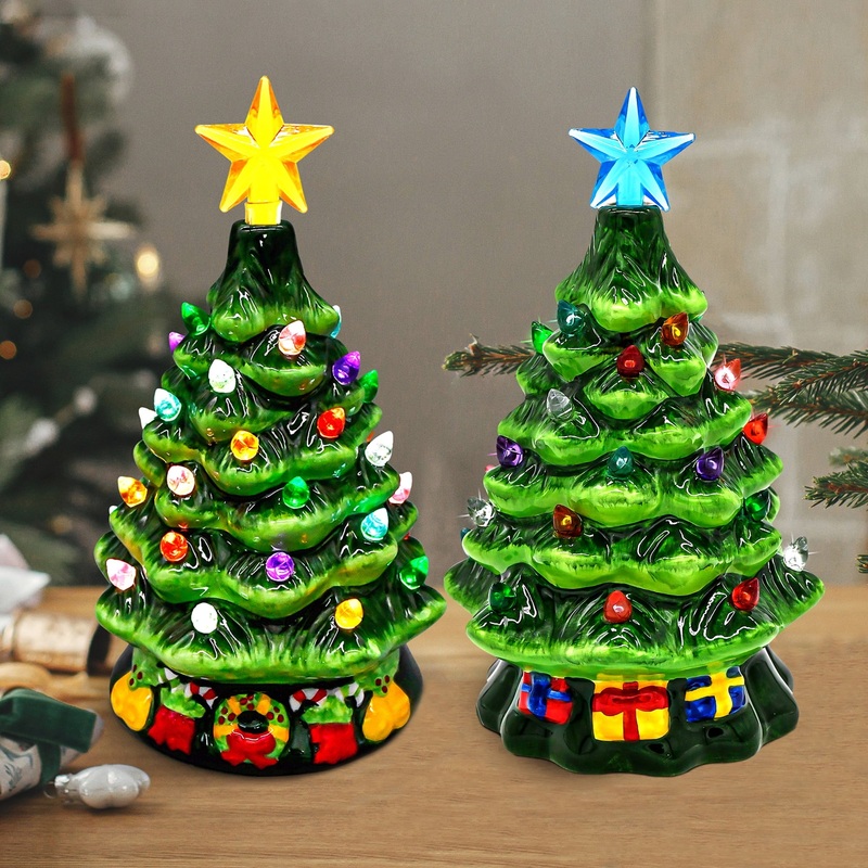 2 Pcs 7" Small Ceramic Christmas Tree,Prelit Ceramic Christmas Tree with Lights and Top Star,Table Top Christmas Tree Decorations,Holiday Tree