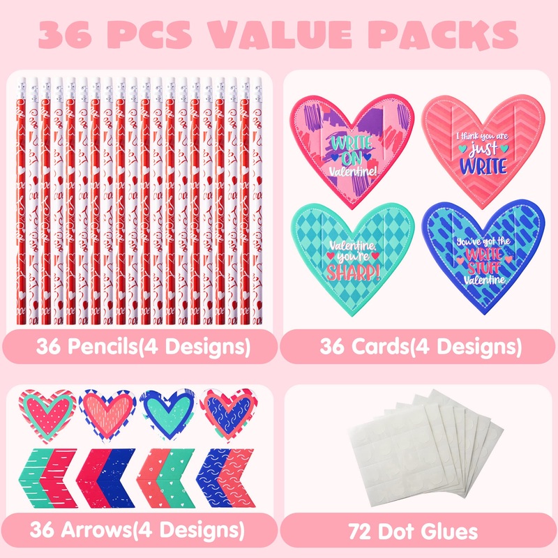 36 pack Valentines Day Cupid's Arrow Pencil Set with Gift Cards for Valentine Classroom Exchange Prizes Party Favors