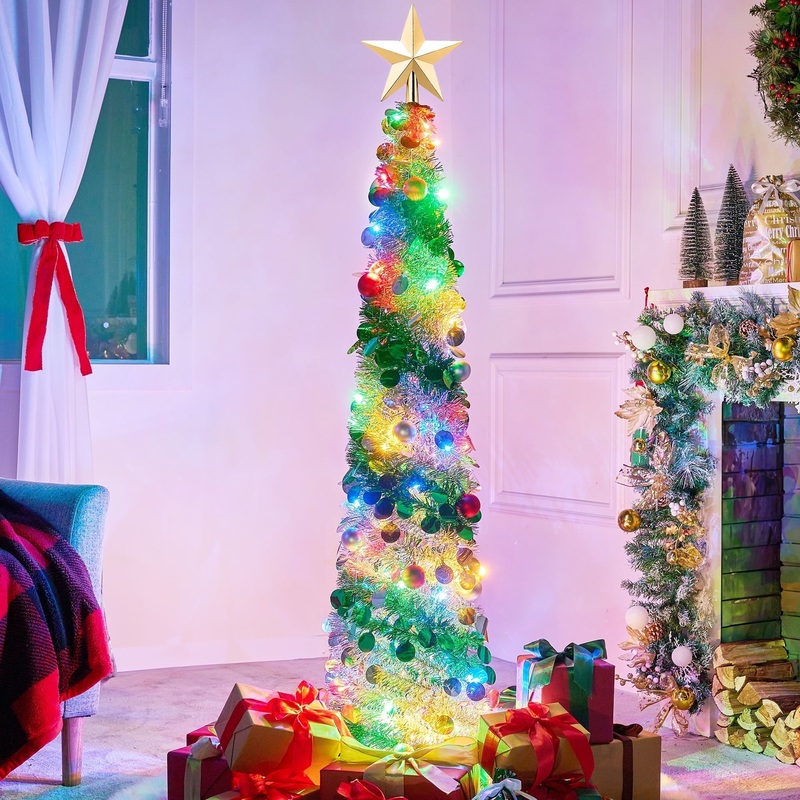 5ft Pop up Christmas Tree,Artificial Pencil Tinsel Xmas Trees with Lights and Ornaments,Collapsible Christmas Tree with Timer for Xmas Decorations Indoor Outdoor Holiday Party