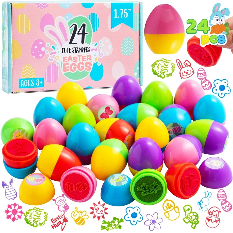 JOYFY 24Pcs Easter Eggs Stamps for Kids,Easter Stampers Toys for Boys Girls Toddler,Easter Goodies Basket Stuffers Easter Egg Hunt Games Supplies