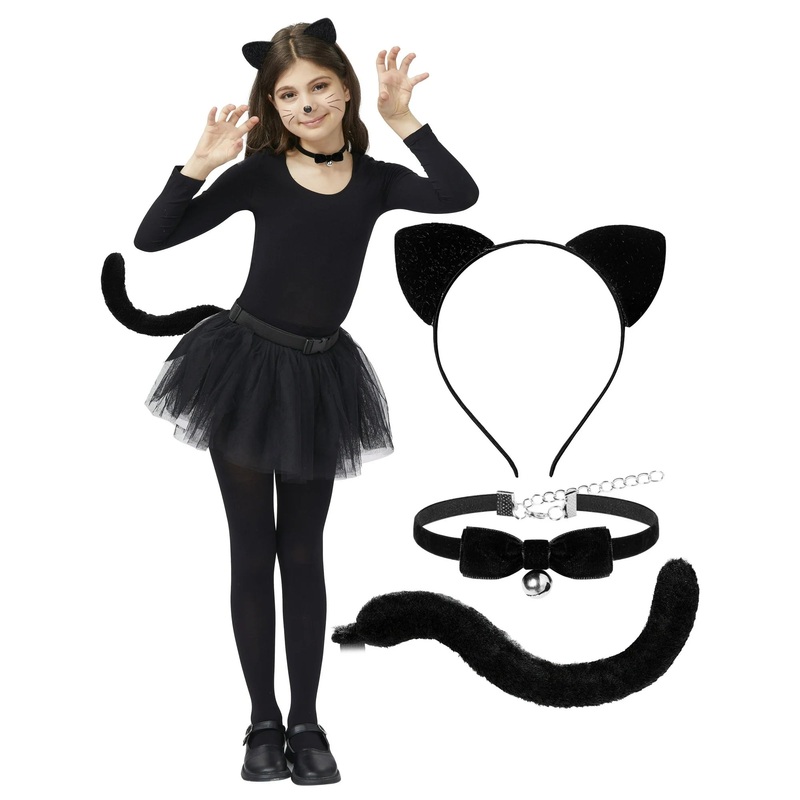Joyfy 3 Pcs Black Cat Costume Accessory Set for Adults and Kids, Cat Ears Headband with Bow Tie, Tail, Halloween Animal Costume Accessories Set Dress Up Costume