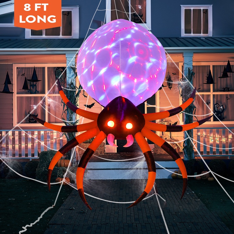 Syncfun 8 FT Halloween Inflatables Spider with Rotating Colorful Light,Light Up Spider with Orange Eyes Halloween Blow up Yard Decorations,Outdoor Halloween Decor