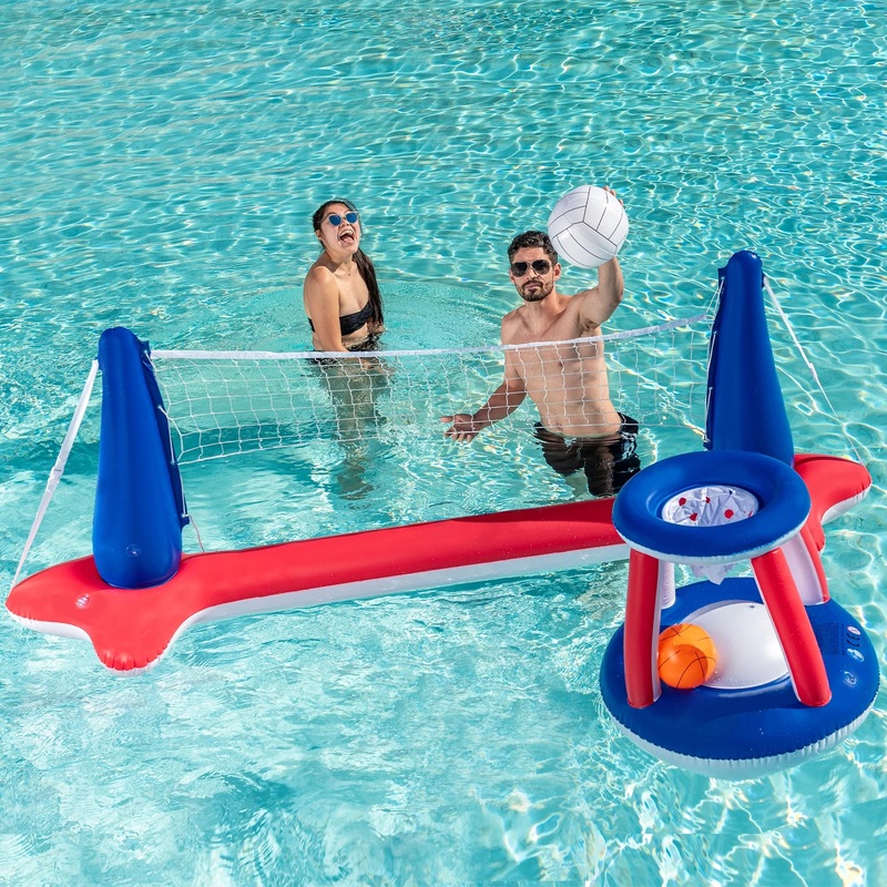 Syncfun Inflatable Pool Float Game Set with Inflatable Volleyball Net & Basketball Hoops, Summer Pool Game for Kids and Adults - Red