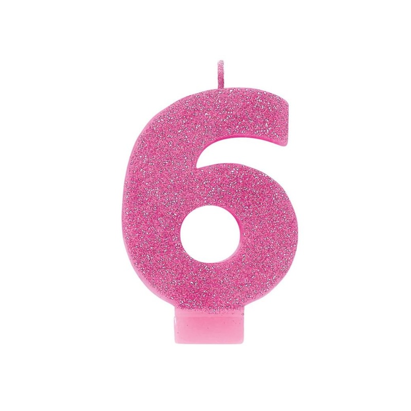 Pink Glitter Candle - Number 6