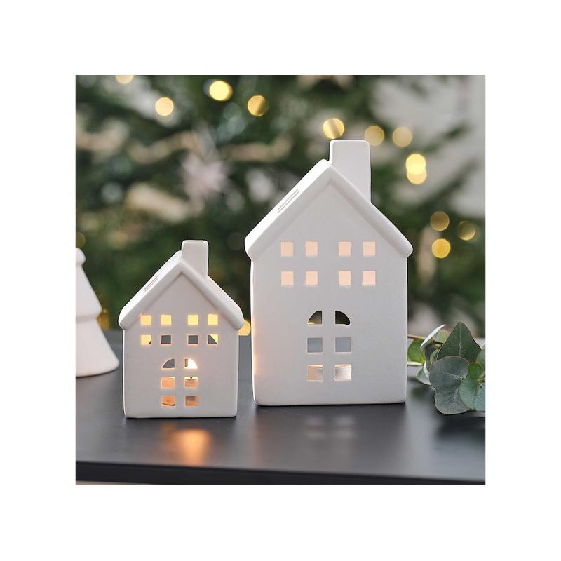 White Ceramic House Tealight Holders 2pk