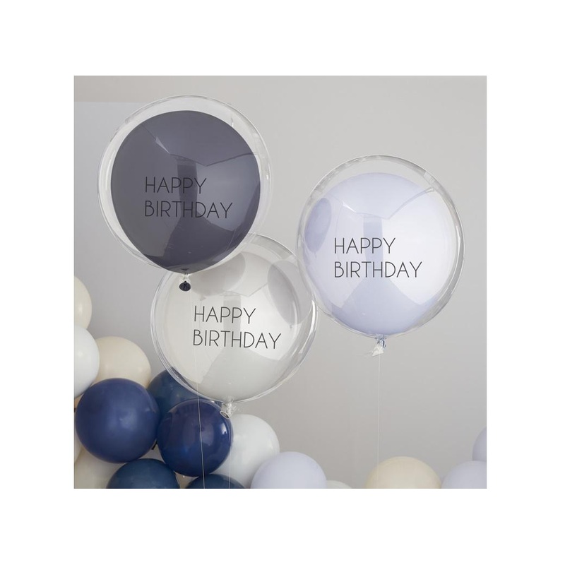 Blue & Grey Double Stuffed Happy Birthday Balloon Bundle