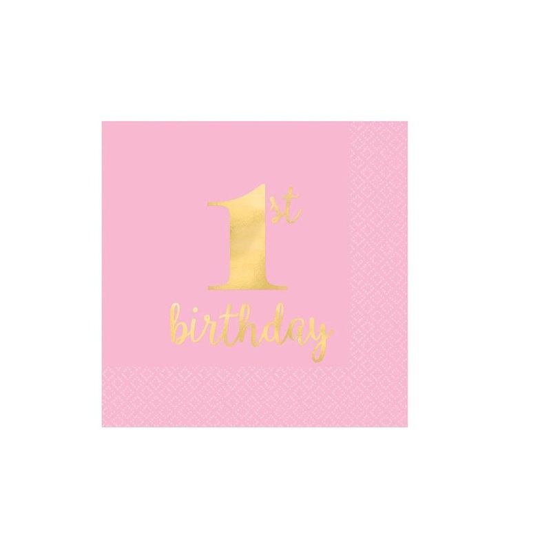 1st Birthday Pink Beverage Napkins 16pk