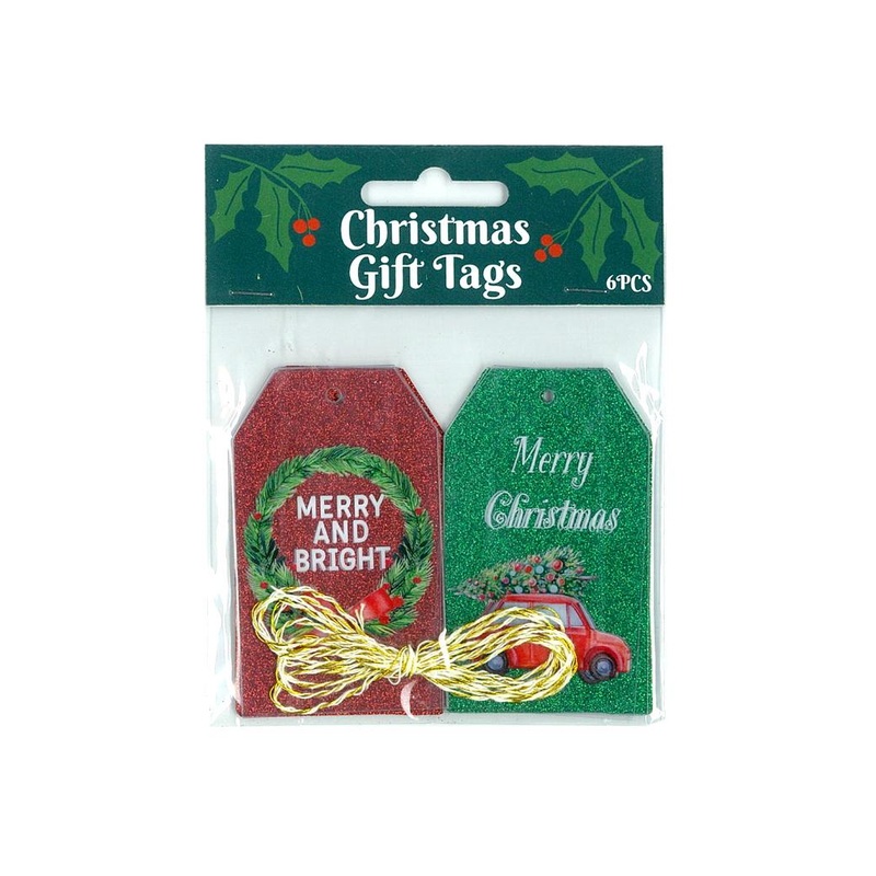 Red & Green Glitter Christmas Gift Tags 6pk